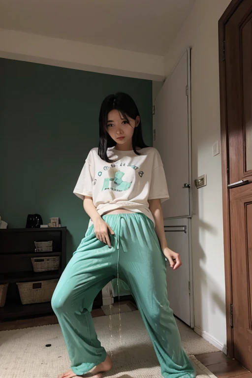Malay Girl sees the ghost and pees her aqua loose pajama pants until his pants are wet pants in fright.