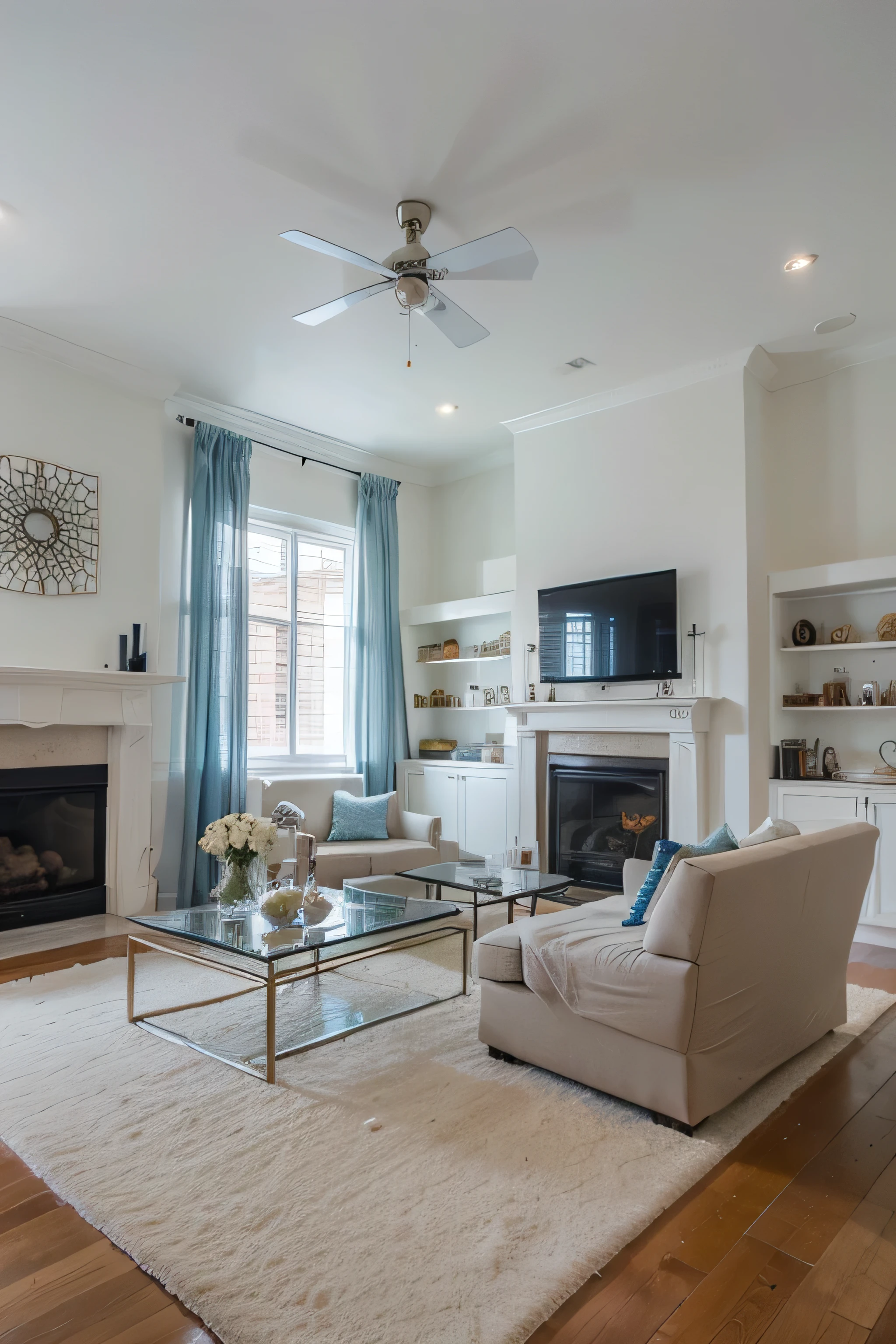 wide view layout Modern living room featuring white sectional sofas adorned with blue and white accent pillows. A fluffy blue area rug covers the floor. There is a glass coffee table with decorative items placed on top. Large windows with sheer white curtains and blue drapes fill the room with natural light. A minimalist, recessed ceiling light fixture and a wall-mounted flat-screen TV above a modern fireplace with a visible flame complete the contemporary look. A vase with white flowers stands on a side table. the layout are wide view