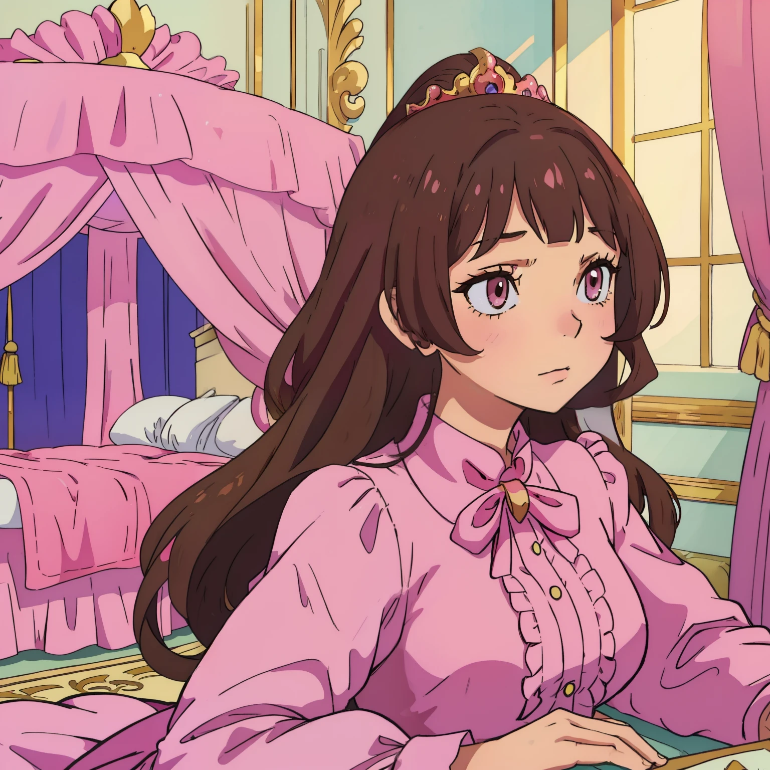 Anime of a snobby brunette princess in pink dress in her luxurious classic room in the Palace.