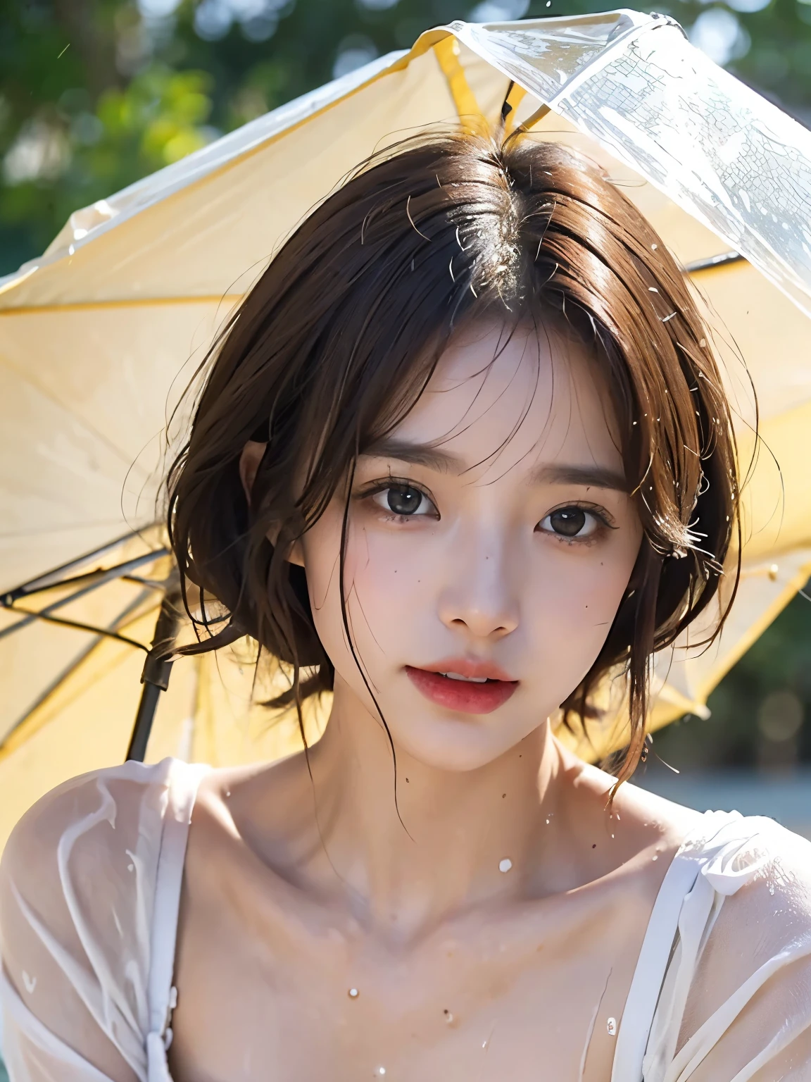 (Leica 10772 M-P, 85mm macro lens, F/8 aperture, film still), (RAW shooting, Photoreal:1.5, 8K, highest quality, masterpiece, ultra high resolution), city, Highly detailed skin and facial textures:1.2, Japanese girl, 28 years old, short cut hair, Fair skin, white skin, Emphasize the cleavage, (brown hair:1.3), (yellow silk dress:1.3), (rain drips all over my body:1.2, wet body:1.4, wet brown hair:1.3), grin, squinting dazzlingly, milk, milky white, beautiful brown eyes, Eyes that feel beautiful eros, (sweat like a pig:1.3), colossal tits,