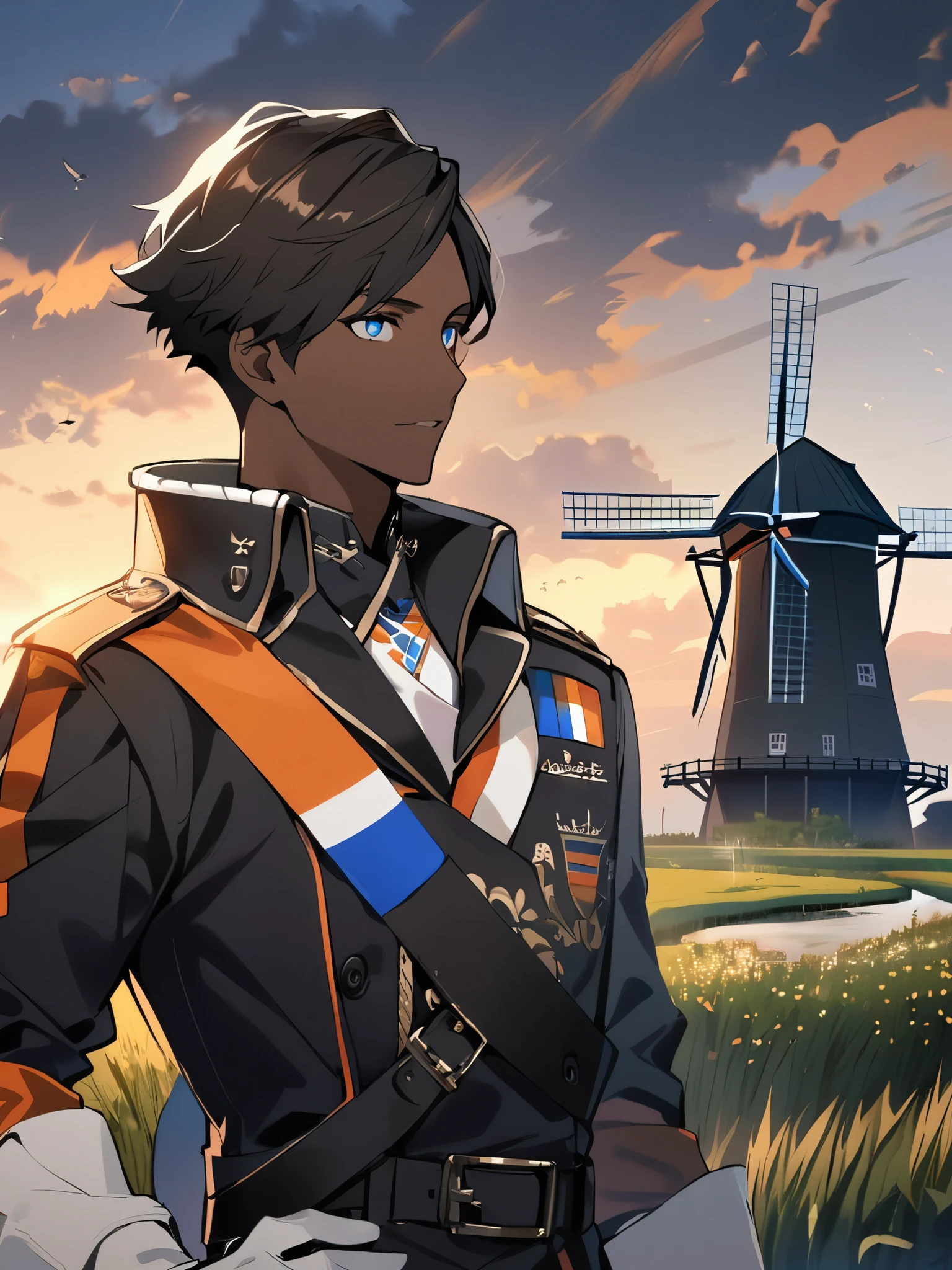 1boy, netherlands, windmills, dark skin, black boy, military jacket, white gloves, Cobalt blue eyes, black hair, short hair, ((dark skin)), ((black man))