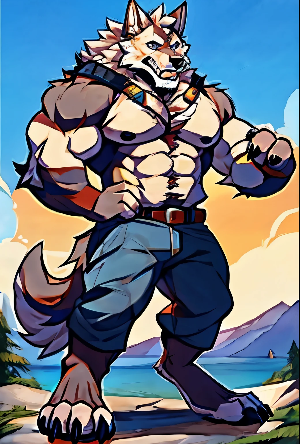 Human-wolf,musculous,Hairy all over,clawed paws,erect through