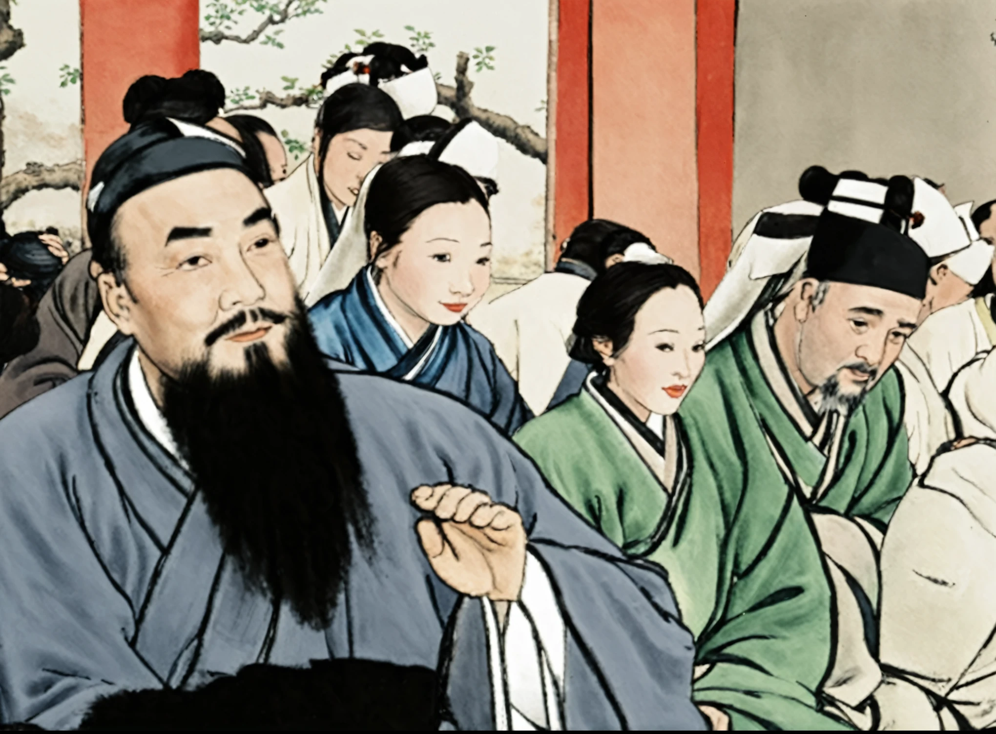 Many people in the picture are wearing Hanfu, Confucius sat with many people,China,Wearing a headscarf on the head,(Men's Group,Middle-aged men):1.5,The Zhou Dynasty,spring and autumn,China,front,(A serious look:1.5)Delicate face,author:Randolph Caldecott, (Watercolor, masterpiece, Line Art, Illustration Art, Professional line art, Super complex and detailed, China画,8K:1.3)