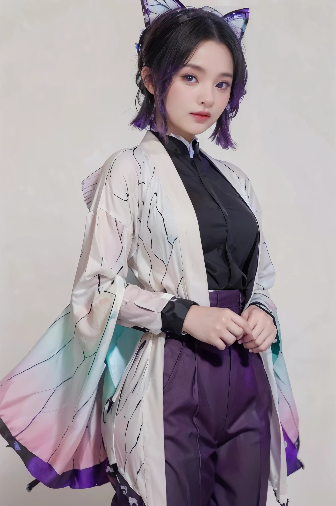 A girl with black hair that graduated to violet at the bottom, long front hair divided into two parts, a very small hair tie tied with a purple butterfly, wide eyes that graduated from white to dark violet at the bottom, wearing a dark purple shirt with golden buttons and short dark purple pants with a white kimono. Gradient green and pink at the bottom with butterfly wing patterns, pantyhose in the same color and pattern as the kimono.