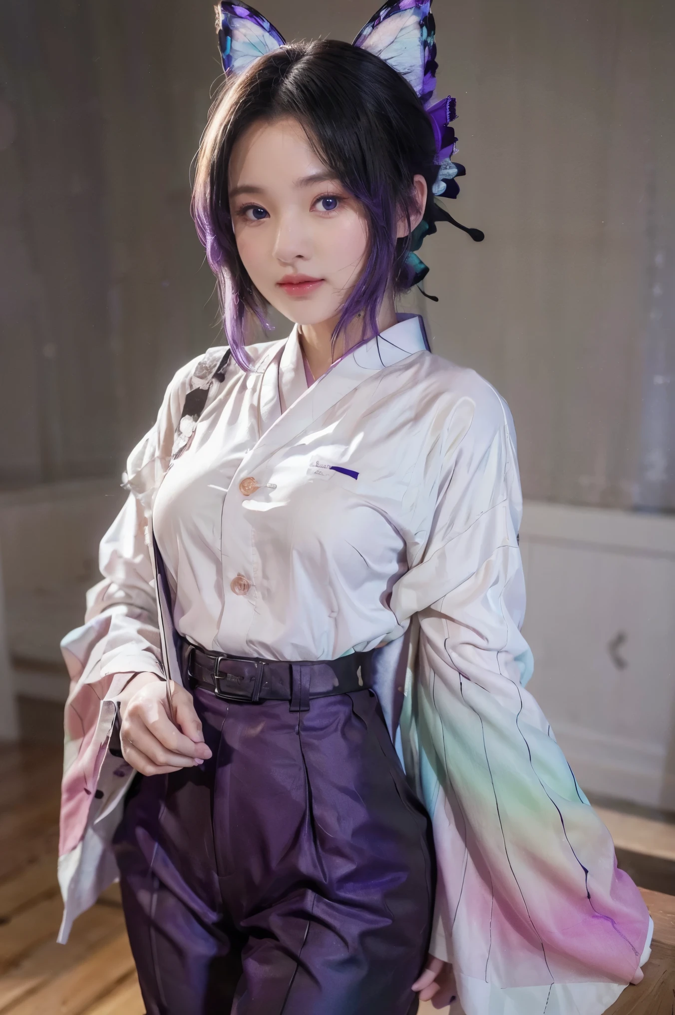 A girl with black hair that graduated to violet at the bottom, long front hair divided into two parts, a very small hair tie tied with a purple butterfly, wide eyes that graduated from white to dark violet at the bottom, wearing a dark purple shirt with golden buttons and short dark purple pants with a white kimono. Gradient green and pink at the bottom with butterfly wing patterns, pantyhose in the same color and pattern as the kimono.