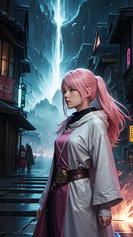 ethereal fantasy concept art of 8k photo of a stunning woman with pink hair in a pastel raincoat, looking at the camera, at a bustling crosswalk at night, wet reflections, Highly Detailed, studio ghibli, akira toriyama, james gilleard, genshin impact, trending pixiv fanbox, acrylic palette knife, 4k, vibrant colors . magnificent, celestial, ethereal, painterly, epic, majestic, magical, fantasy art, cover art, dreamy