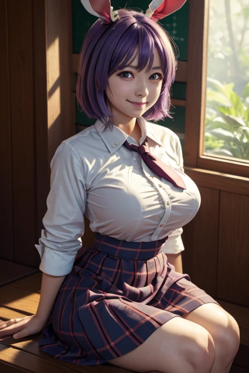 sit in Sauna room , steam , waistband of skirt is at the point above chest , plaid skirt , pleated skirt , Tight shirt , white Shirt , school girl , skirt under breasts , skirt is near breasts area , skirt is adjacent to the chest , (masterpiece, best quality, hires, high resolution:1.2, 4k, 8k , high quality), extremely detailed, realistic, intricate details, highres, 1girl, solo, (large breasts, thick thighs, wide hips), arched back,(cinematic lighting, sunlight, perfect lighting, backlighting), eye-level shot, extreme close-up-shot, looking at viewer, , green skirt nakano_yotsuba_ecsta, blue eyes, orange hair, hair ribbon, nakano yotsuba, short hair, green ribbon, hair between eyes , big breasts , big tits , masterpiece, best quality, 1girl,smile,reisen udongein inaba, purple hair,very long hair, rabbit ears, red eyes,black jacket,pink skirt,necktie,
