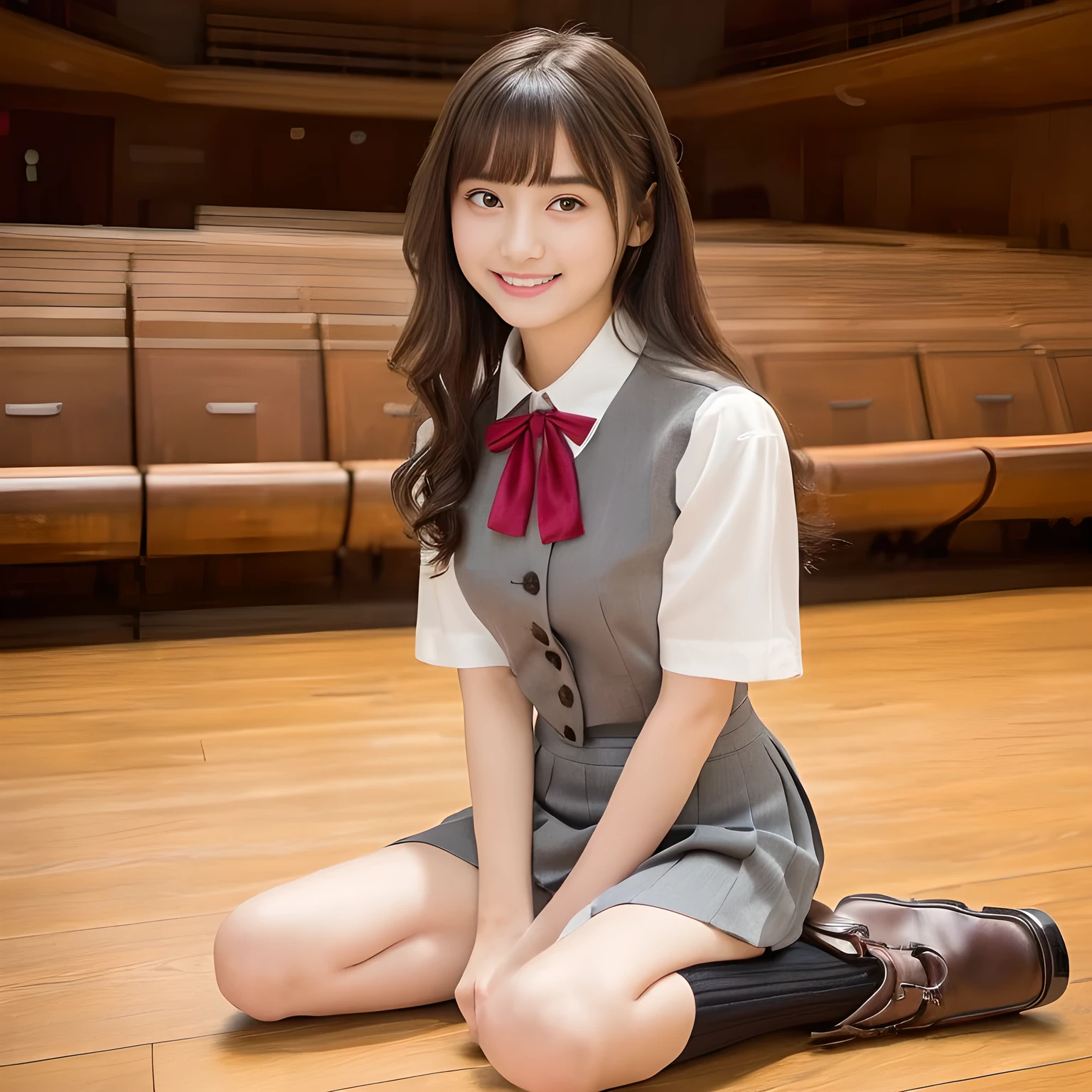 (highest quality, masterpiece:1.2), highest quality, Realistic, photograph, High resolution, 1080p, 8K, Physical Rendering, ((Height: 160cm)), ((((A  cute girly Japanese fashion model is seated and looking directly at the viewer)))), (((big very detailed Japanese beautiful dark brown eyes))), ((loving and laughing at me!)), detailed fingers, ((curled blunt bangs)), ((((Very noble and cute eyes, carefully drawn with great attention to detail)))), ((double eyelids)), (((long eyelashes))), ((cute lovely lovely laughing laughing cheeks)), (((Her facial features are very expressive noble smile, very sweet, very intelligent))), ((((deep red ribbon bow tie)))), ((((black very beautiful and super long straight hair)))), ((((gray box-pleated school skirt and grey vest)))), box-pleated skirt, ((((A ivory summer blouse with puffed short sleeves)))), ((Classical orchestra concert hall)), ((complexion lightening)), ((Full body shot)), ((chorus singer)), Japanese girls legs, (((white socks and loafers)))