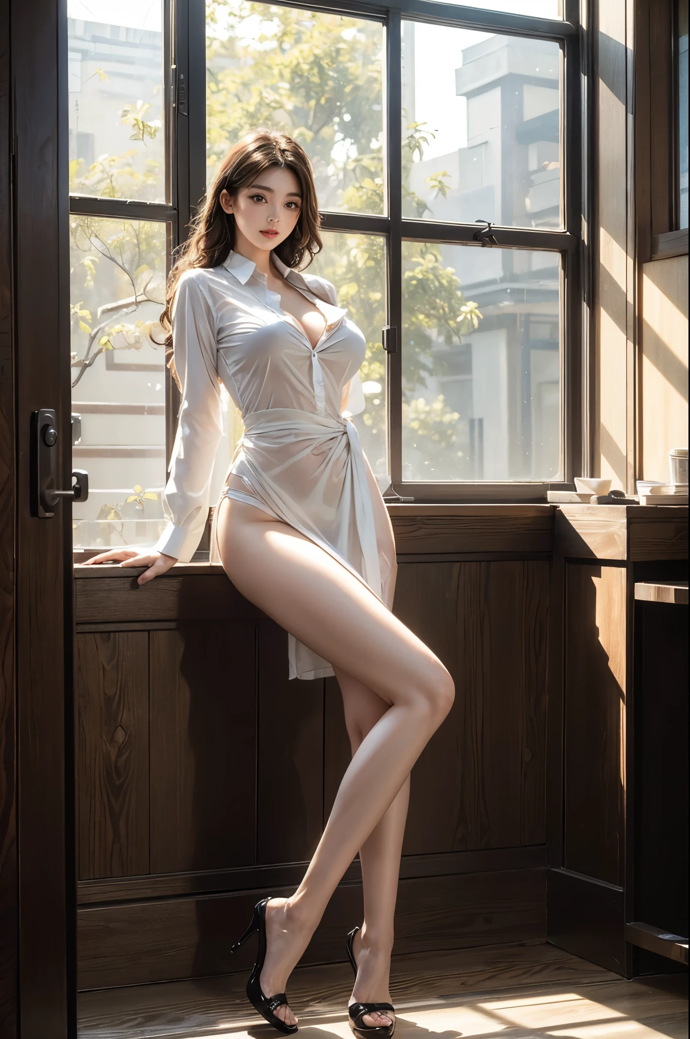 ((最high quality)), (masterpiece)), (detailed: 1.4), 3D, An absurd solution, High resolution, (masterpiece: 1.4), 超detailedな, 1 beauty, Shiny brown hair, Beautiful blue eyes, Beautiful Face, 24-years-old, indoor, floating, Very tall woman, Standing posture,Small face,High heelsを履く,Large Breasts,Big Hips,Thick thighs,(Long legs:1.2),Wavy Curly Hair,Red lips,Raw photo,、(Intricate details:1.4)、(Photorealistic:1.4)、レンダリングの超detailed, Soft studio light, Rim Light,Bright light,Beautiful subtle shadows、Beautiful natural light、Front lighting、Beautiful details sparkle, Vivid details, Super Detail, Realistic skin textures, 面のdetailed, Beautiful eyes in every detail, 非常にdetailedな CG Unity 16k 壁紙, compensate, (detailedな背景:1.2), Glowing Skin, Full Body、Cleavage,Mature Woman, Hip Up,Long Hair,Watching the audience、Full body photo,,Abdominal muscles, Perfect figure, Ultra-thin face, Facial lighting , ((Large Breasts:1.4))、Tight waist,((Beautiful Japanese Women:1.3))、Voluptuous body line、(Low angle shot:1.1),Angle from below、Photograph the whole body,非常にdetailedな顔,A face that should not be disturbed,Beautiful legs,High heels,Beautiful feet、Long legs、Black stiletto heels del pose、Height: 180cm,Thighs open,smile、Nipples visible,The areola is protruding,Long legs,Incredibly sexy、Elegant legs、Long legs、Long, thick legs、とても美しいLong, thick legs、Beautiful feet、Very beautiful volume of legs、Leg and thigh shots、uniform set,Tight dress shirt、、(((No bra)))、, Office Lady Uniform,(Translucent shirt:1.2)、Black suit、business suit,business suitを着用する,Black suitを着ている,Digital Illustration, (Photorealistic:1.3),(RAW Photos.),Voluminous lower body,Thick thighs,Big Ass, Big sexy ass, Perfect Body Proportions, Standing posture,Full body photo、Photograph the whole body,Office Wear、Shiny tight skirt、, (Big Breasts, Big Ass:1.3),(Woman in pencil skirt and suit jacket with attention to detail:1.4),Siren's Seductive Eyes, Red lipstick, Smokey Eye, White skin,, Detailed and realistic skin, detailedでリアルな体と顔, Slim waist. . Natural sunlight. Expose your body to natural sunlight.Exquisite facial features,滑らかでWhite skin,Super Detail, High detail, high quality, 受賞歴のある最high quality, High resolution, 4K, 16k,Soft thighs,Shiny thighs,choker, , The part of the thigh visible through the skirt, Beautiful Hands, , Full body photo撮影、セクシーなBeautiful feet