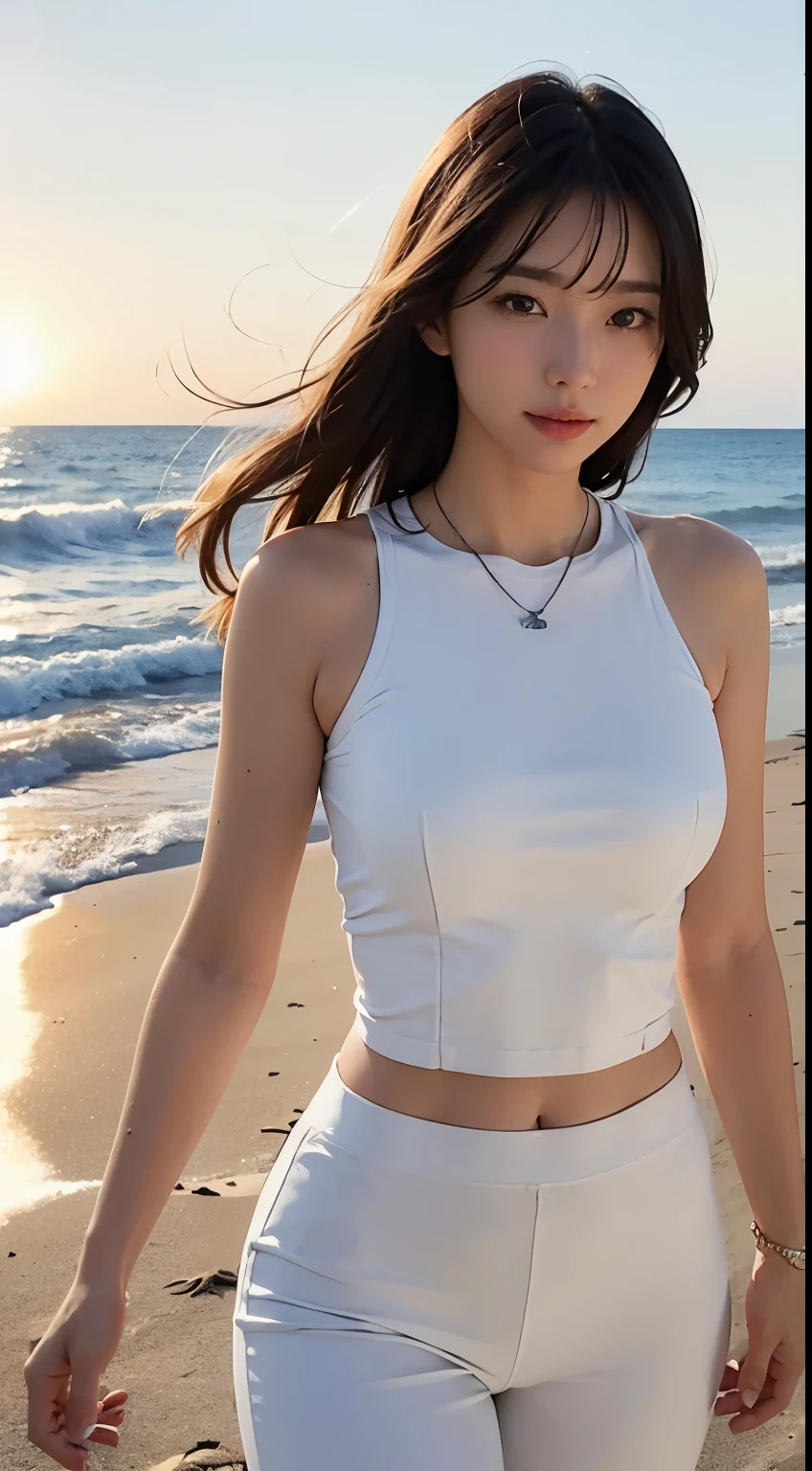 (logo、masterpiece、8k、Tabletop、RAW Photos、wonderful、最high quality、Photorealistic and Very detailed CG integrated 8k wallpaper、high quality、Very detailed、Narrative poem、Particle Effects、Dynamic Effects、Written boundary depth、Cinematic Light、Lens flare、Ray Tracing)、Fantasy、 (One beautiful woman、White pants、White T-shirt、White tube top、White crop top、Black-haired、Beautiful Face、True Face、Beautiful details、eye、Beautiful Skin、Ultimate Body、glamorous)、私の髪はWindに舞う、Hair flutters in Wind、Hair bounces、Seaside、wonderful景色、Coastal、sunrise、Sun in the background、Wind、Beach