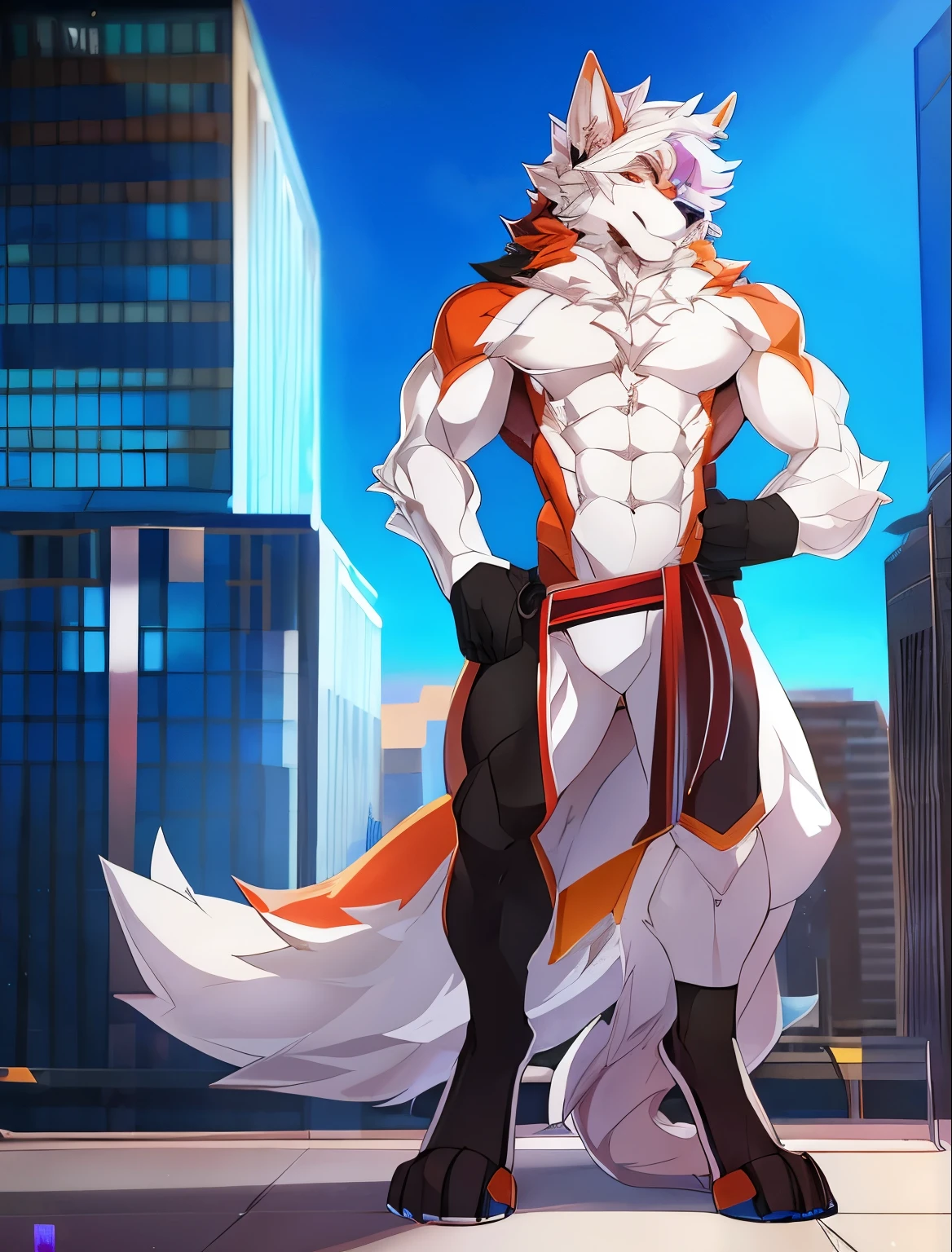((Solo)), male people, anthro wolf, (Multi-colored fur, White tail pointed), (Height 3meters,Tail length 2meters), Abs, pinginuscular, A long big tail, by patto, modern city
