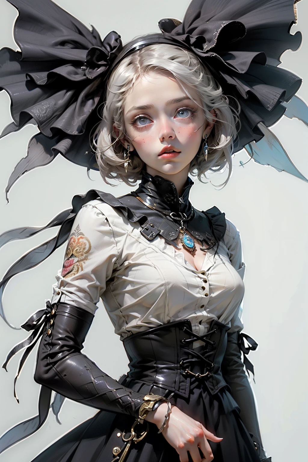 ((best quality)), ((masterpiece)), (detailed), perfect face (((masutepiece, of the highest quality, super detailed))), hand drawn style, hand painted style, watercolour, sketch, a knight, white background, plain background, Bloodborne inspired, tatty Bloodborne attire, occult aesthetic, occult, tatty red and white clothing detailed and intricate steampunk and detailed gothic ta (with a hood), long coat, Complex laced boots, Fluttering lace flared long knee length dress with frilly petticoats, long dress, knee length dress, pleated petticoats, loliress, petticoats gothic lolita, tiful small breasts, (((( Highly detailed face))), small thin nose, Small thin lips mouth, (((Very sharp focused eyes))), Very large slit precision pale grey eyes that shine like jewels. very long eyelashes, Silver hair swaying in the wind, Emitting a dazzling light in a mandala pattern, white background, Very dramatic and cinematic lighting, tatty damaged old red and white clothing, full body, whole body, body, cosmic horror, grim dark