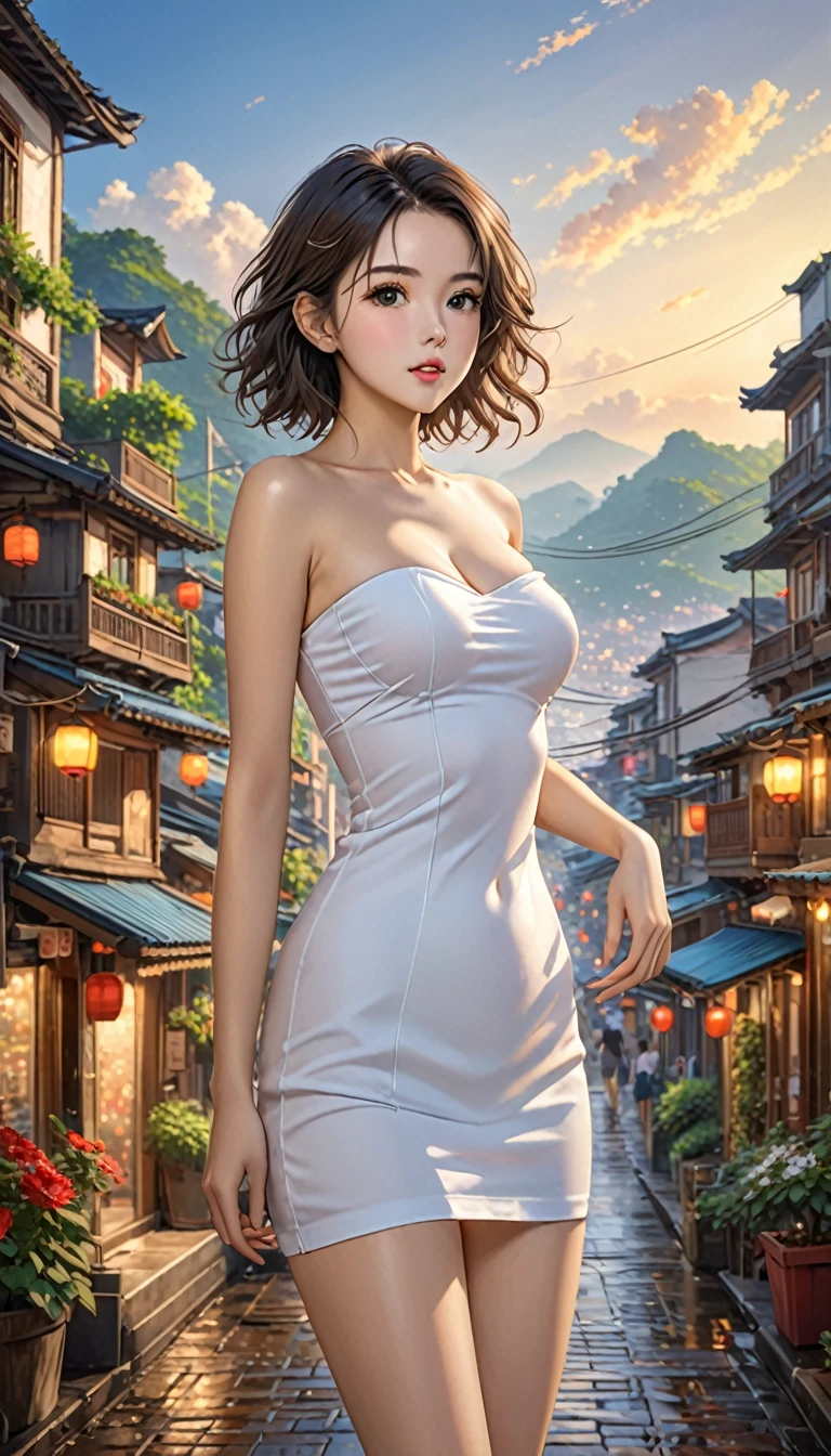 The best of Masterpiece, the best of landscapes on city, Improved quality, High quality, Good anatomy, Healthy body, Whole fingers, Normal digits, 16k quality image, Girl, beautiful girl, perfect body, full body, perfect girl, perfect skin, long hair or short hair, messy hair or stright hair or wavy hair, mini tight strapless dress, small breast, slip breast, collar
