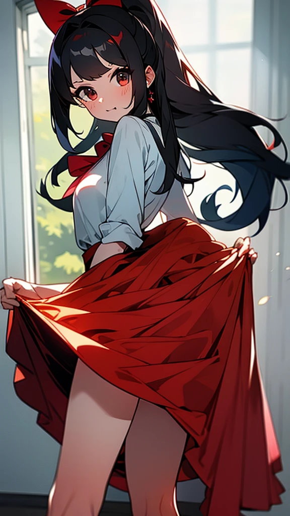 adulto, Cabello negro ondulado, mirada penetrante con ojos profundos de color rojo, estatura promedio, Silky hair with a ponytail hairstyle collected with a red bow with two white lines, tiene pechos medianos, primer plano, session, standing in the middle of his room [[[Risa malvada]]] , Sonrojada, muslos grandes, falda corta, blusa corta de tirantes blanca, elfa, showing her ass to the camera, lifting her skirt so that her panties can be seen, skirt rising,falda corta, falda llegando hasta la mitad del culo, bragas blancas 