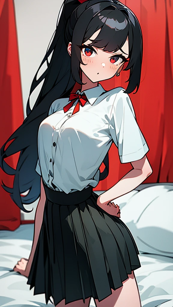 adulto, Cabello ????? ondulado, mirada penetrante con ojos profundos de color rojo, estatura promedio, Silky hair with a ponytail hairstyle collected with a red bow with two white lines, tiene pechos medianos, primer plano, session, standing in the middle of his room [[[Risa malvada]]] , Sonrojada, muslos grandes, falda corta, blusa corta de tirantes blanca, elfa, showing her ass to the camera, lifting her skirt so that her panties can be seen, skirt rising,falda corta, falda llegando hasta la mitad del culo, bragas blancas 