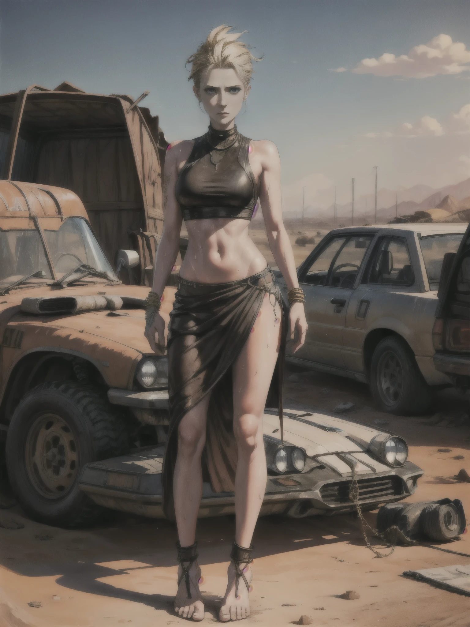 (evan rachel wood: 1.2), desert, scrapyard oasis, wild hair, (sweaty: 1.2), navel, bare feet