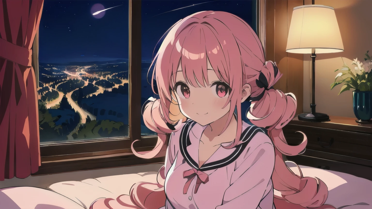 Very detailed, Detailed Background, (highest quality, masterpiece, High resolution), One girl, Demure, (Curly Hair:1.4), Twin tails, smile, Mid-chest, Pink Hair, Upper Body, pajamas, long hair、 (night:1.4)、I can see the grassland from the window, Dimly lit room, Co-sleeping style,