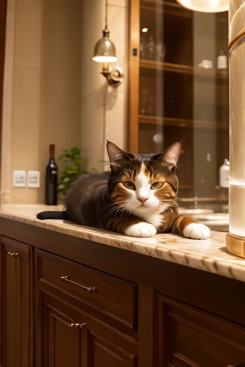 ((Best quality)), ((masterpiece)), (detailed), a British cat sleeps in an empty transparent vase on the bar counter