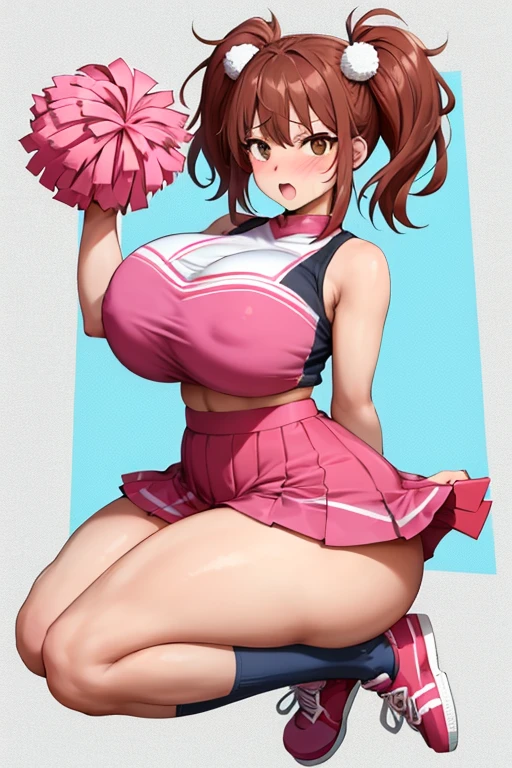 One Girl,{Knee-high socks}、(((Wide Hips)))、 (((Thick thighs)))、((Big Ass))、(Big Breasts) Embarrassed look,shortstack、whole body、Sexy pose、Pom-pom (cheer leading), Cheerleader, Pink footwear, Brown Hair, shoes, Pink Skirt