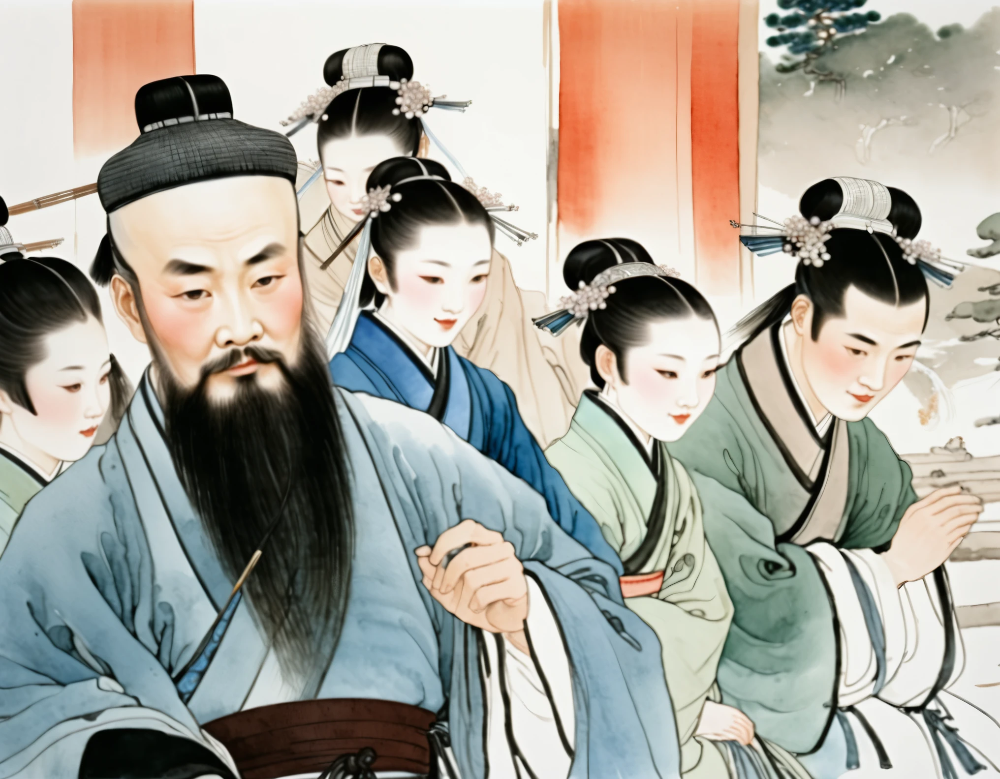 Many people in the picture are wearing Hanfu, Confucius sat with many people，China，Wearing a headscarf on the head，male，中年male，The Zhou Dynasty，spring and autumn，China，front，Delicate face，author：Randolph Caldecott, (Watercolor, masterpiece, Line Art, Illustration Art, Professional line art, Super complex and detailed, China画，8K:1.3)