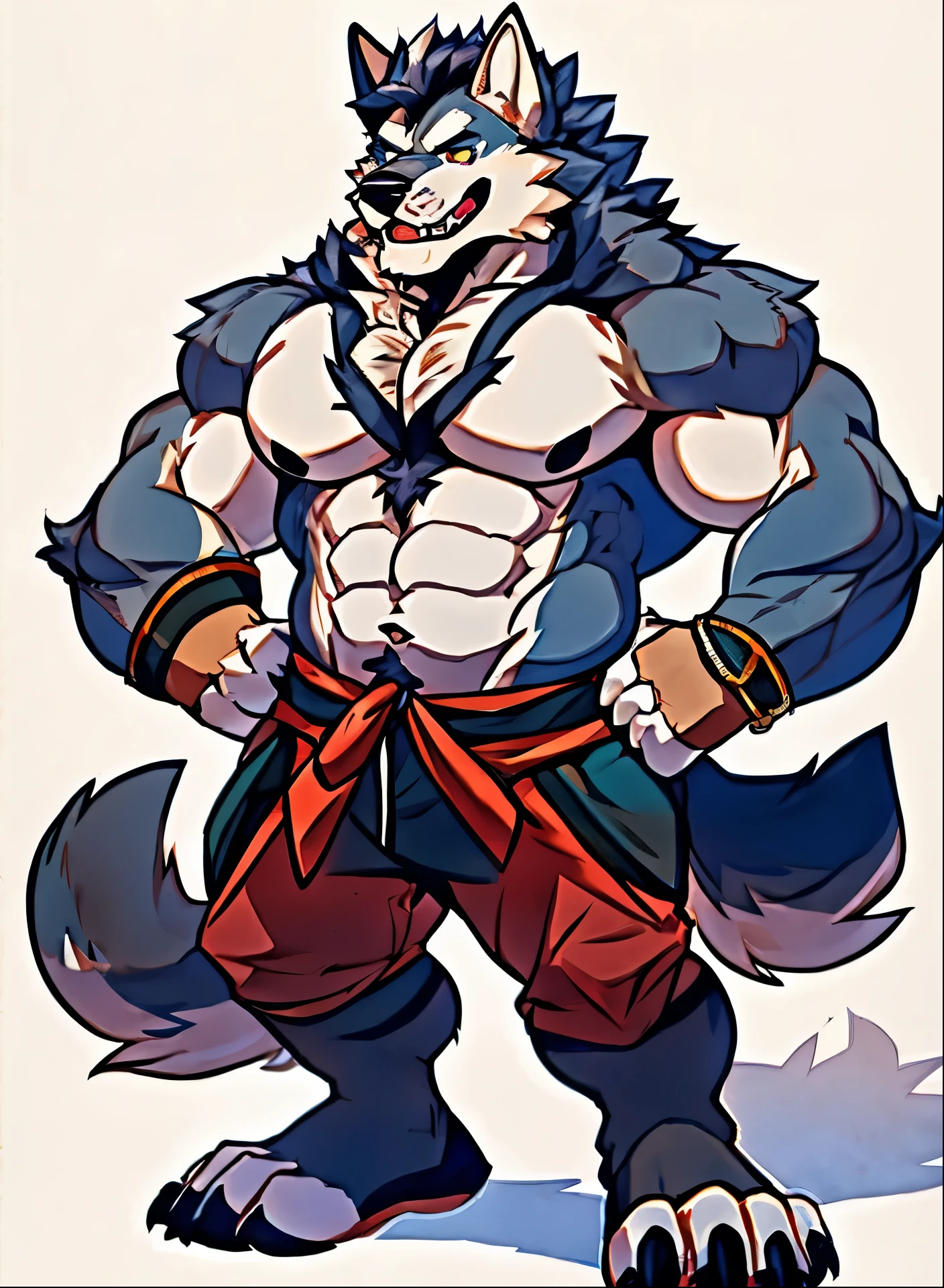 Human-wolf，musculous，Hairy all over，clawed paws，erect through