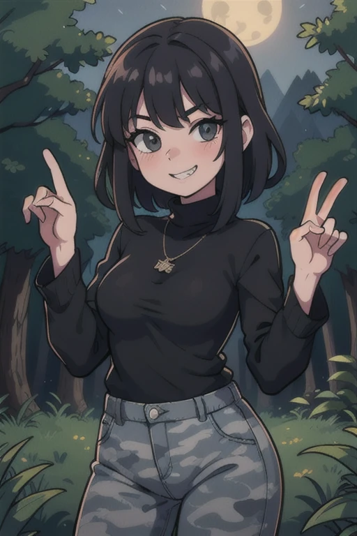  Girl with black sweaters, gray camouflage pants, looking seductively at the viewer with a grin, forest at night, 