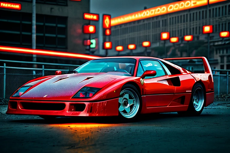 red FerFourty in cyberpunk against the backdrop of a cyberpunk city street, neon lights, foggy street at night, Boke, Depth of field, volumetric light, gobo world, 1 car, analog, 800 movies per port,