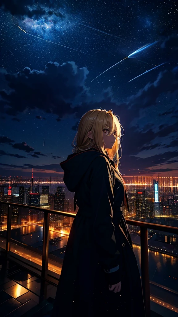 １people々々々々々々々々々々々々々々々々,Blonde long-haired woman，Hooded parka， Dress Silhouette， Rear View，Space Sky, comet, Anime Style, City night view from the rooftop，A pillar of light stretching into space，