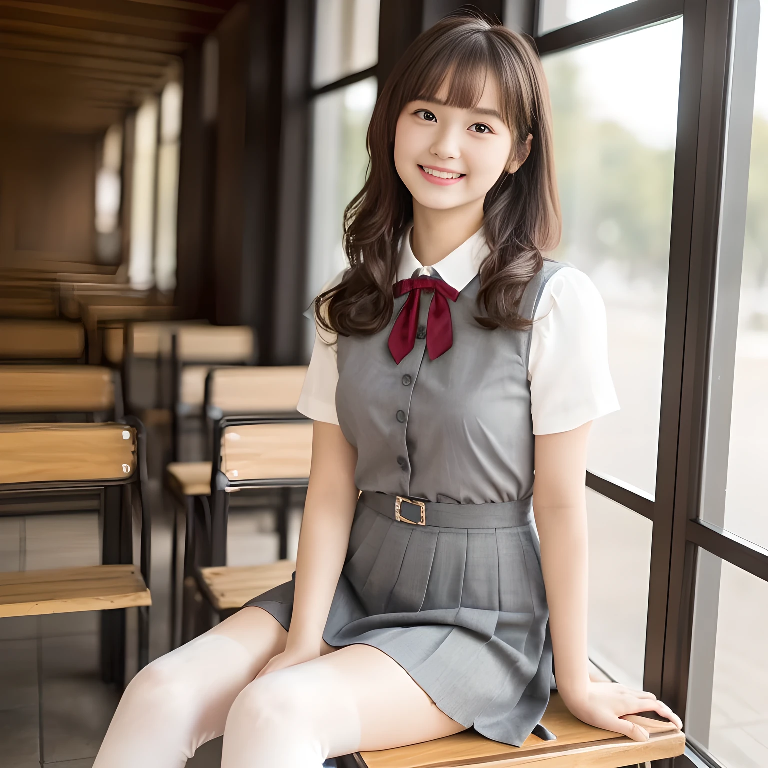 (highest quality, masterpiece:1.2), highest quality, Realistic, photograph, High resolution, 1080p, 8K, Physical Rendering, ((Height: 160cm)), ((((A ************ cute girly Japanese fashion model is seated and looking directly at the viewer)))), (((big very detailed Japanese beautiful dark brown eyes))), ((loving and laughing at me!)), detailed fingers, ((curled blunt bangs)), ((((Very noble and cute eyes, carefully drawn with great attention to detail)))), ((double eyelids)), (((long eyelashes))), ((cute lovely lovely laughing laughing cheeks)), (((Her facial features are very expressive noble smile, very sweet, very intelligent))), ((((deep red ribbon bow tie)))), ((((black very beautiful and super long straight hair)))), ((((gray box-pleated school long skirt and grey vest)))), noble box-pleated skirt, ((((A ivory summer blouse with puffed short sleeves)))), ((Classical orchestra concert hall)), ((complexion lightening)), ((Full body shot)), ((chorus singer)), Japanese girls legs, (((white socks and loafers)))