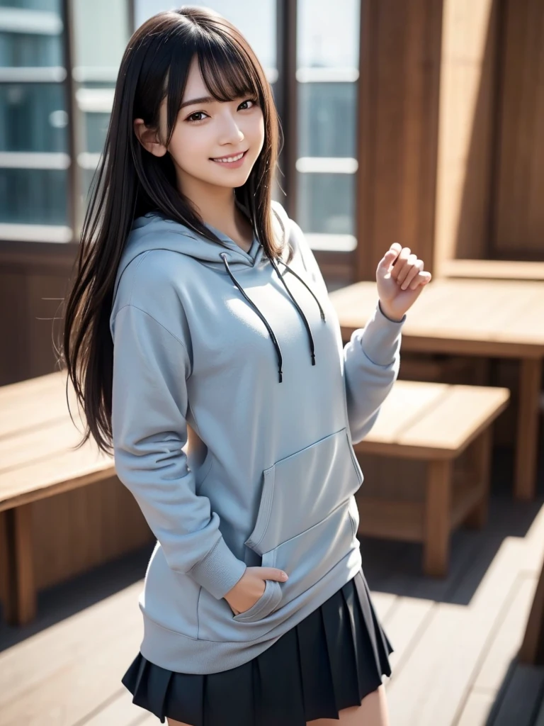 (8k, RAW Photos, highest quality, Tabletop:1.2), (Realistic, Photorealistic:1.4), (Highly detailed 8k wallpaper), Sharp focus, Depth of written boundary, Blur the background, Bokeh, Cinema Lighting, Soft Light, whole body, 1 girl,18 years old famous Japanese idol, Perfect female body, indoor, (Blue hoodie and black micro mini pleated skirt : 1.3), (Long, slender legs), (smile), Glossy lips, Beautiful fine details,Natural Makeup, Shiny, smooth, light brown medium-long hair, Asymmetrical bangs, Shiny skin, Center image, High resolution, Attention to detail, Detailed hairstyle, Detailed face, 素晴らしいCinema Lighting, Octane Rendering, Vibrant, Ultra-realistic, Perfect limbs, Perfect Anatomy