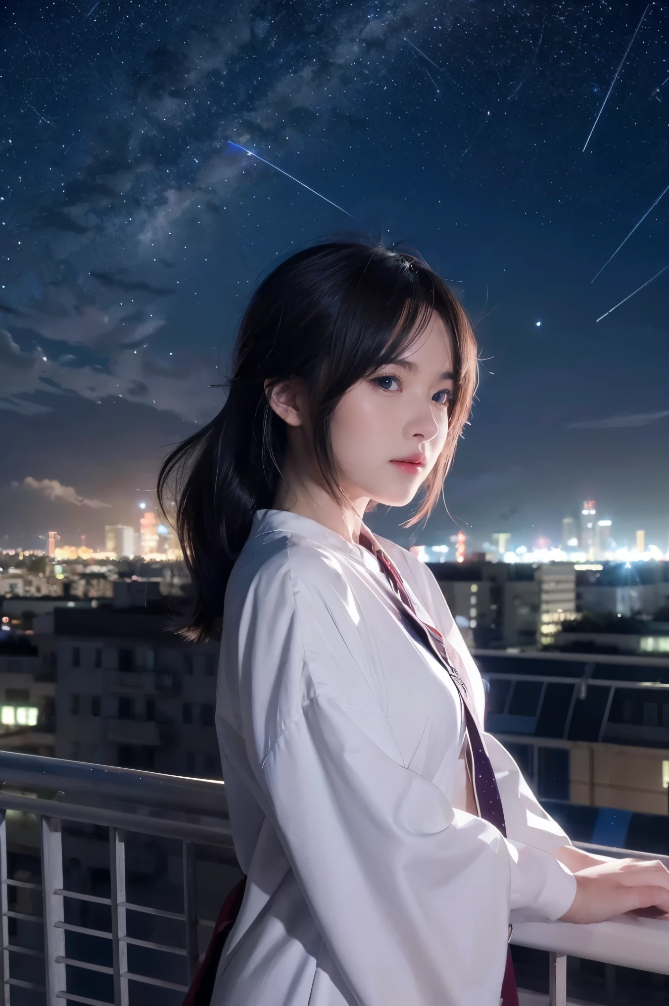 anime girl standing on rooftop looking at night sky with stars, anime wallpaper 4k, anime wallpaper 4 k, 4k anime wallpaper, anime art wallpaper 8 k, anime art wallpaper 4k, anime art wallpaper 4 k, anime style 4 k, makoto shinkai cyril rolando, 4 k manga wallpaper, anime wallpaper, amazing wallpaper, shooting stars