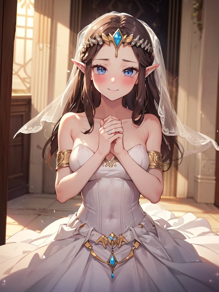 ((Wedding dress)),(((smile))),Half naked,((Embarrassed look)),Crying face,Blushing,Princess Zelda, ((highest quality)), (Very detailed), ,(((Exposed shoulders))),beauty,beautiful,Princess Zelda, 
Nintendo, The Legend of Zelda,POV,