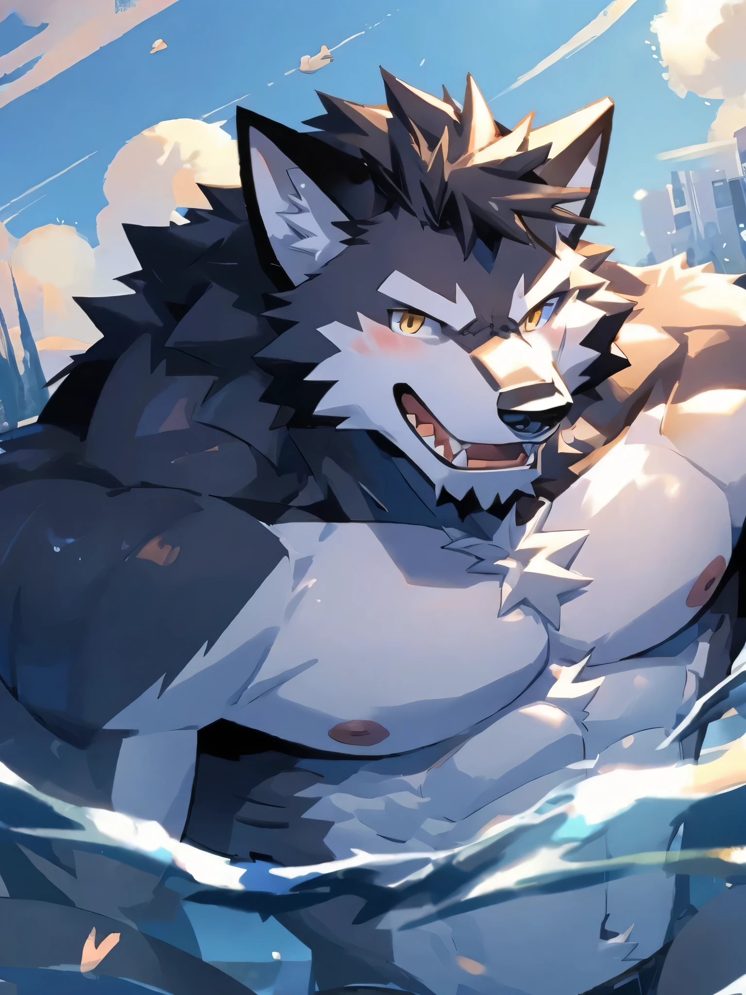 Close-up：a person in the water，There is a wolf in the water, Portraits inspired by Wolf Huber, Hot topics on pixiv, Furry art, Muscle Werewolf, Happy moral sexy werewolf, minotaur wolf, Furry wolf, Anthropomorphic wolf man, Firmware version, puffy breasts, Big Wolf, Super awesome and cool panoramic blush male male male male