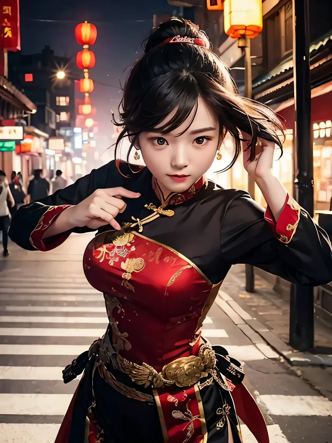 portrait of woman ,20yo,chinese,upper body,chinese clothes,Shanghai street,cinematic lighting,fighting pose,