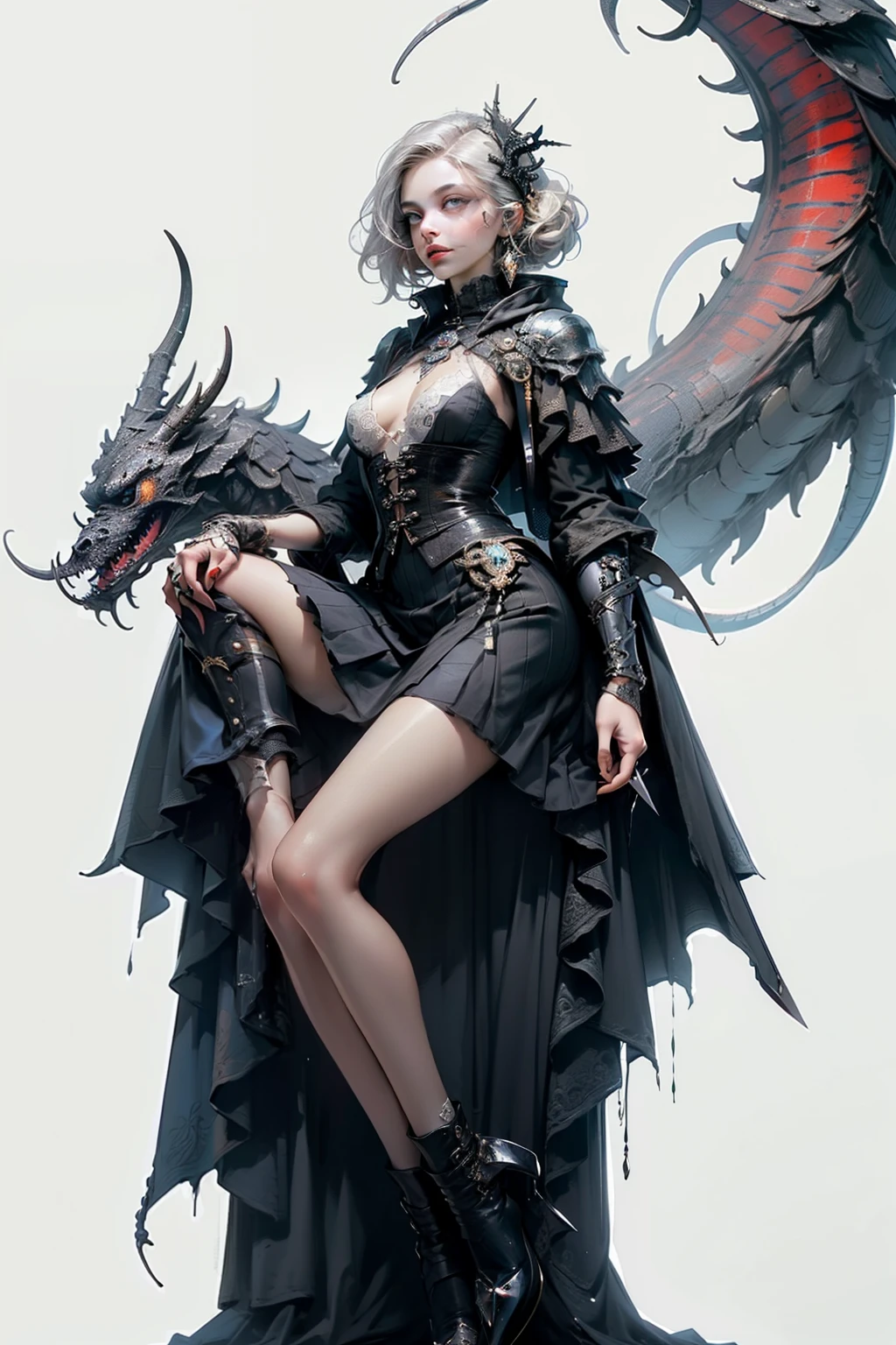 ((best quality)), ((masterpiece)), (detailed), perfect face (((masutepiece, of the highest quality, super detailed))), hand drawn style, hand painted style, watercolour, sketch, a knight, white background, plain background, Bloodborne inspired, tatty Bloodborne attire, occult aesthetic, occult, tatty red and white clothing detailed and intricate steampunk and detailed gothic lolita (with a hood), long coat, Complex laced boots, Fluttering lace flared long knee length dress with frilly petticoats, long dress, knee length dress, pleated petticoats, lolita dress, petticoats gothic lolita, beautiful small breasts, (((( Highly detailed face))), small thin nose, Small thin lips mouth, (((Very sharp focused eyes))), Very large slit precision pale grey eyes that shine like jewels. very long eyelashes, Silver hair swaying in the wind, Emitting a dazzling light in a mandala pattern, white background, Very dramatic and cinematic lighting, tatty damaged old red and white clothing, full body, whole body, body, cosmic horror, grim dark