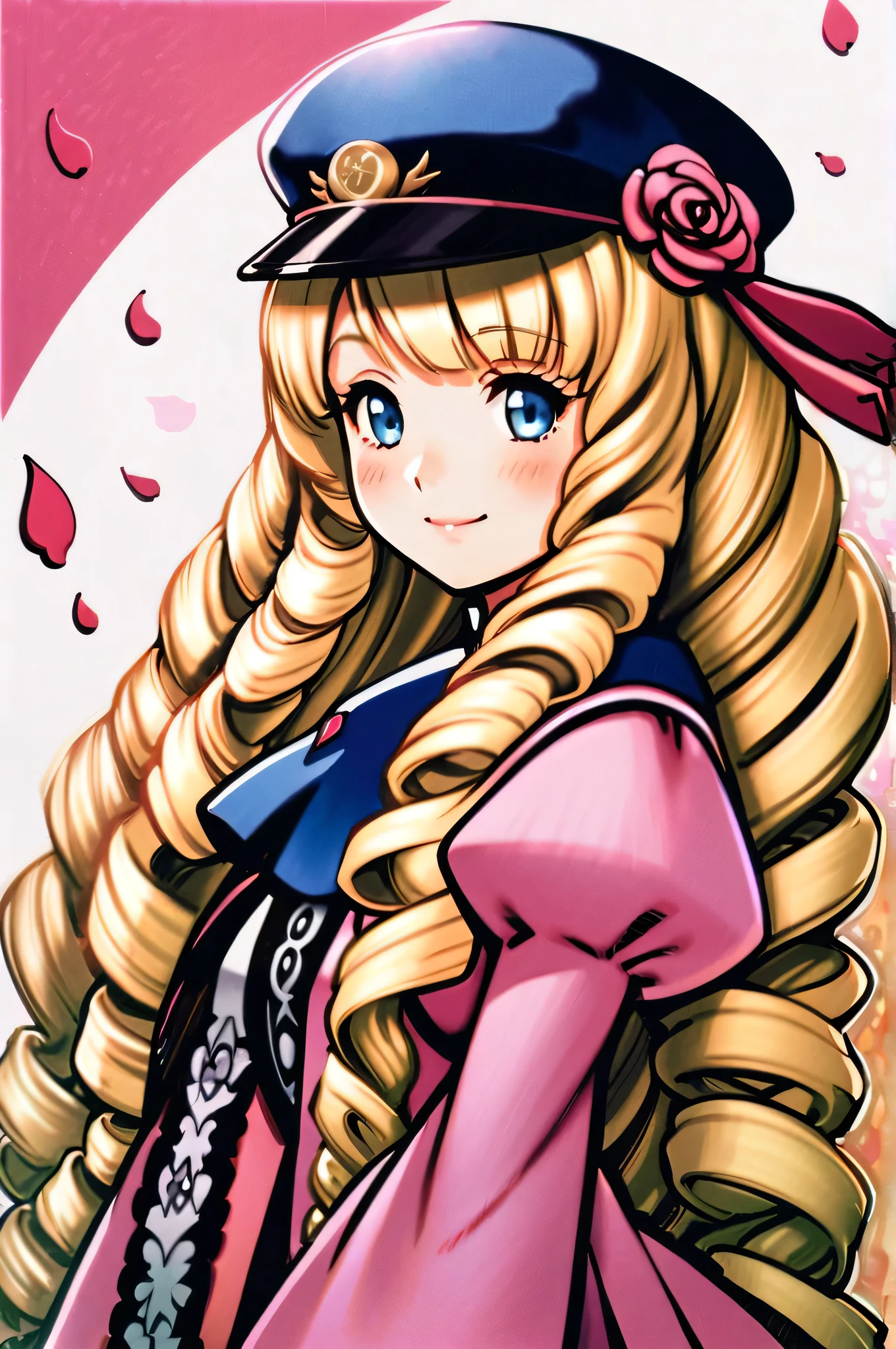 1girl, solo, blonde hair, hat, long hair, blue eyes, drill hair, flower, rose, petals, dress, smile, very long hair, traditional media, 