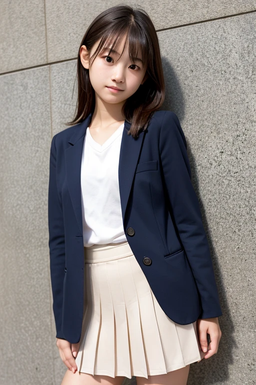 Simple background, very young and cute Japanese high school student, photorealistic, natural skin texture, no makeup, blazer, childish face, small build, lifting skirt