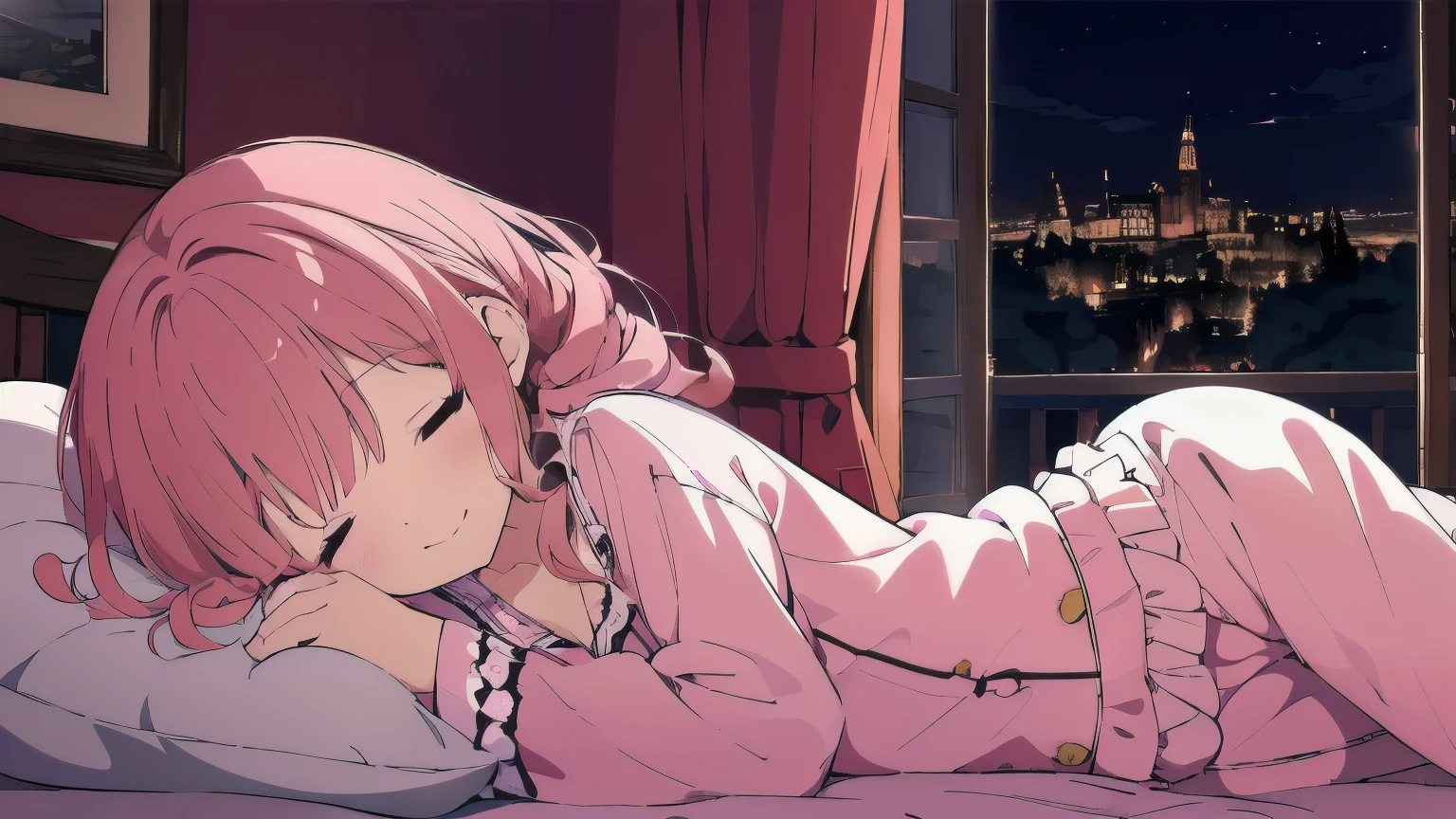 Very detailed, Detailed Background, (highest quality, masterpiece, High resolution), One girl, Demure, (Curly Hair:1.4), Twin tails, smile, Mid-chest, Pink Hair, Upper Body, pajamas, long hair、 (night:1.4), Dimly lit room, Co-sleeping style,