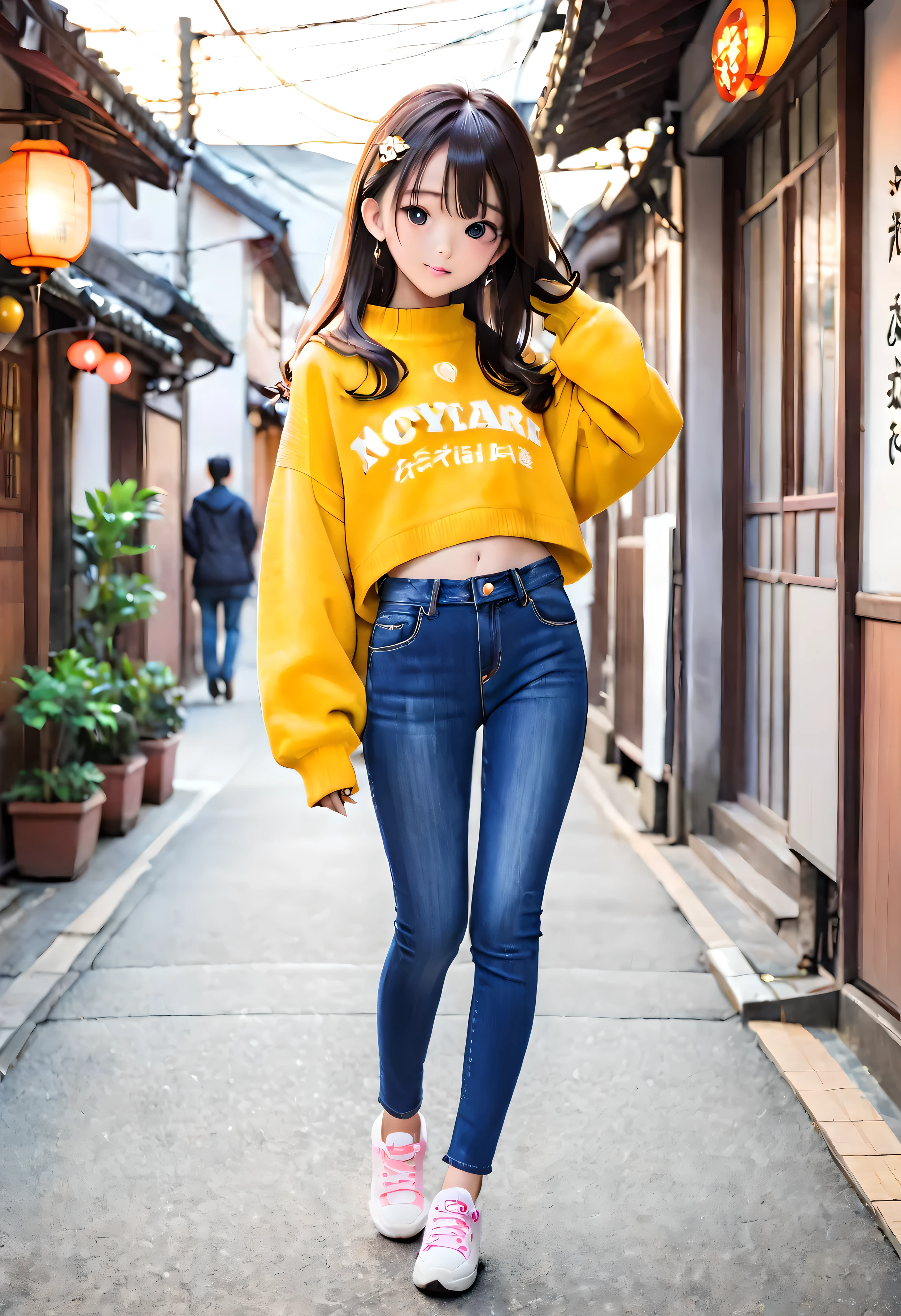 A 15-year-old girl is wearing skinny jeans。