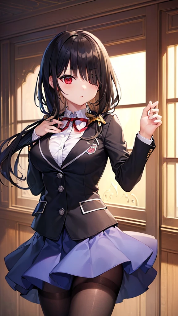 (((masterpiece))),(((best quality))),(((extremely detailed))),illustration,who, (masterpiece, top quality, best quality, official art, beautiful and aesthetic:1.2),(8k, best quality, masterpiece:1.2), KurumiSchool, low twintails, hair over one eye, , black jacket, blue skirt, neck ribbon, black pantyhose
