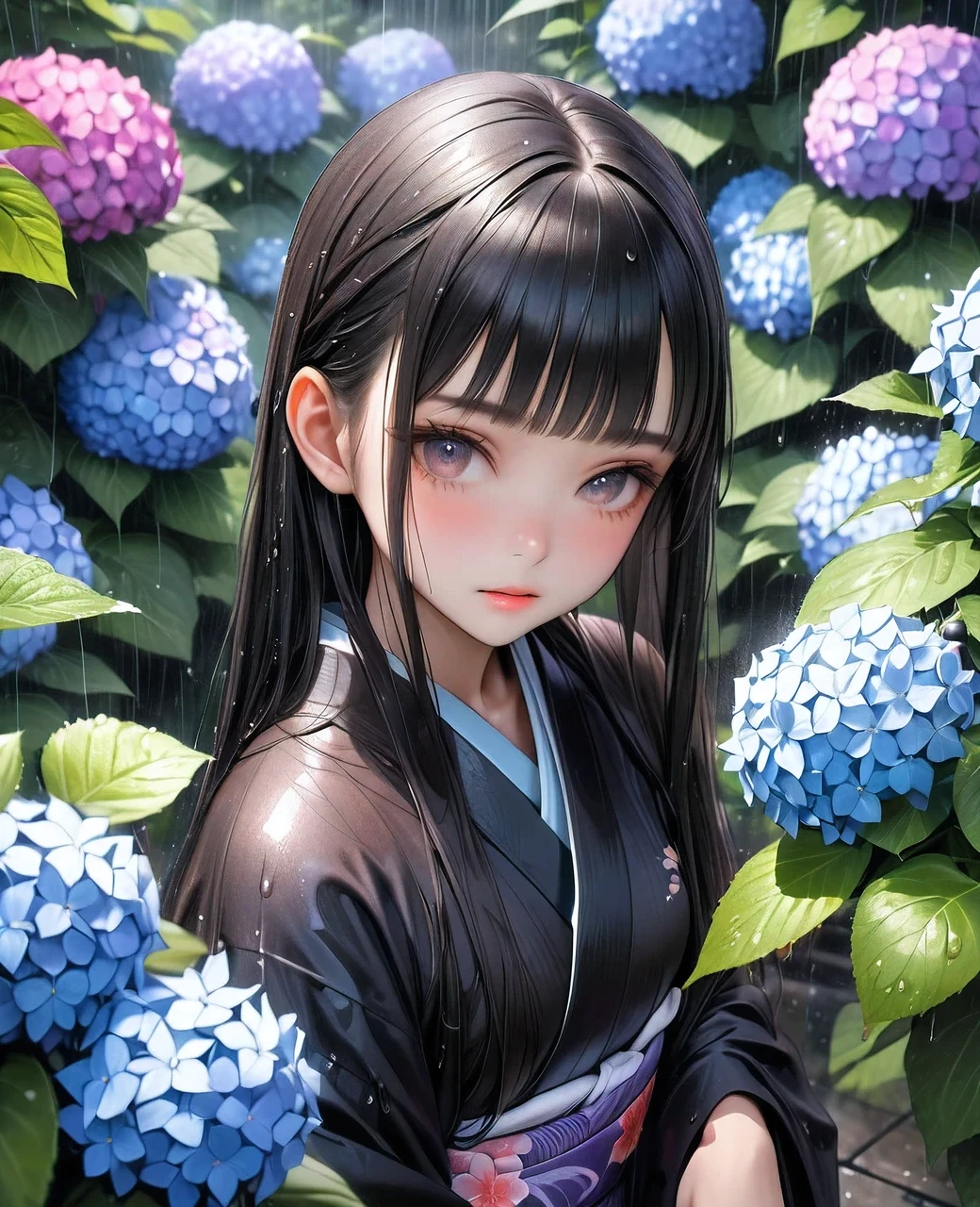 raw photo:1.2, masterpiece, highest quality, 16k, unbelievably absurd, very detailed, perfect beauty, beautiful cute girl, jet black long hair, straight hair, blunt bangs, long sideburns, wet hair, kimono, ultra-realistic:1.8, vibrant colors, hydrangea in the garden, gently rain, view above