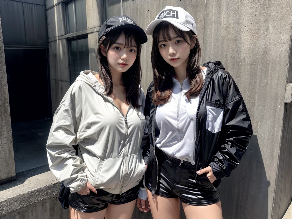 Masterpiece, 8K, award-winning photos, photorealistic, realistic, ultra detailed, ultra high definition, ray tracung, _ the most beautiful, 22 years old ,(sexy,Japanese idol, gray hair, short hair),shiny skin , detailed skin , detailed face , perfect anatomy, 1girl~2girls,
_
BREAK (droopy eyes, Natural makeup:1.2),light color, huge breasts,
_
glowing blue eyes, tan skin,
_
BREAK (black and White theme:1.4), (oversized and baggy black outerwear:1.3), (fusion of black windbreaker and White hoodie:1.4), (black Nylon:1.4), ((zipper, large pocket):1.3), BREAK (black and white :1.2), (black platform high-cut sneakers:1.2),(Black leather short pants),(baseball cap),
Inorganic concrete studio with windows, highly detailed background, , ultra-realistic textures, dramatic lighting ,raw photo, _(dutch angle and curtsey ,on side:1.2), looking at viewer,