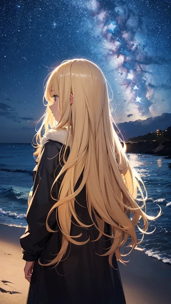 １people々,Blonde long-haired woman，Hooded parka， Dress Silhouette， Rear View，Night Sky，Starry Sky， comet, Anime Style, Beach，water&#39;Edge，