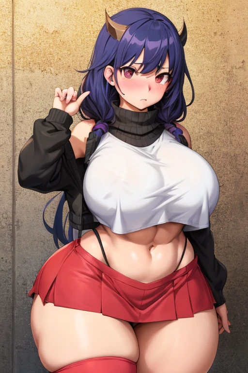 One Girl,{Knee-high socks}、(((Wide Hips)))、 (((Thick thighs)))、((Big Ass))、(Big Breasts) Embarrassed look,shortstack、whole body、Sexy pose、Simakos, Crop top, Knee socks, Elbow hand pockets, mini skirt