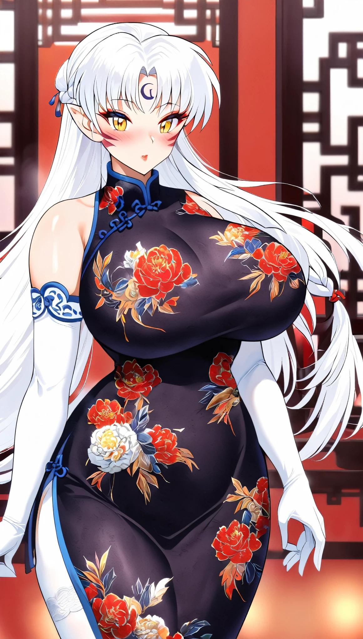 1girl,Sesshoumaru,sesshoumaru,mature female,(scornful eyes),yellow eyes,parted bangs,pointy ears,white hair,very long hair,red facial mark,forehead mark,alternate costume,arm at side,blush,braid,breasts,china dress,chinese clothes,curvy,dress,elbow gloves,bare shoulder,sleeveless,cleavage cutout,floral print,gloves,(blue and white porcelain gorgeous qipao,china dress,chinese clothes,dress),gigantic breasts,hip vent,print dress,indoors,holding,lips,looking at viewer,parted bangs,short sleeves,single braid,solo,standing,thick thighs,upturned eyes,white thighhighs,wide hips,