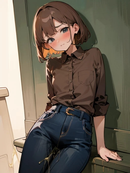 Masterpiece、high resolution、female、Brown shorthair、Blue buttoned shirt、((Peeing))、(((Pee)))、I'm in trouble、Embarrassing、Trouble、cry、Blushing cheeks、Hold the crotch、手でHold the crotch、Spread your legs