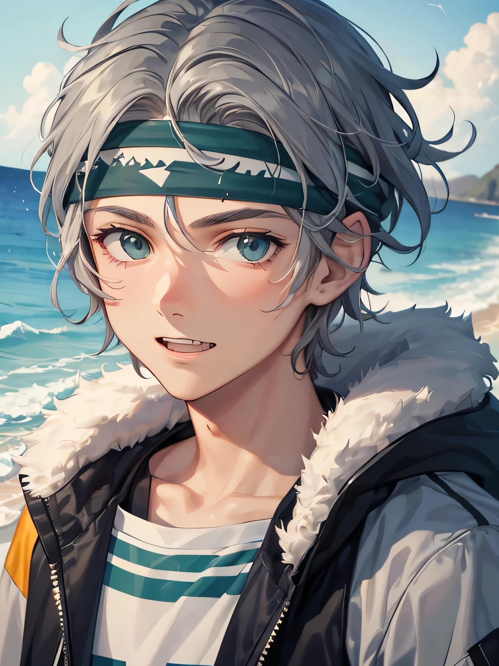 a close up person in jacket, A gray-haired teenage boy with a green-eyed headband has brownish skin and shark-toothed teeth, he expresses cheerfully in the sea background under turning his head straight
