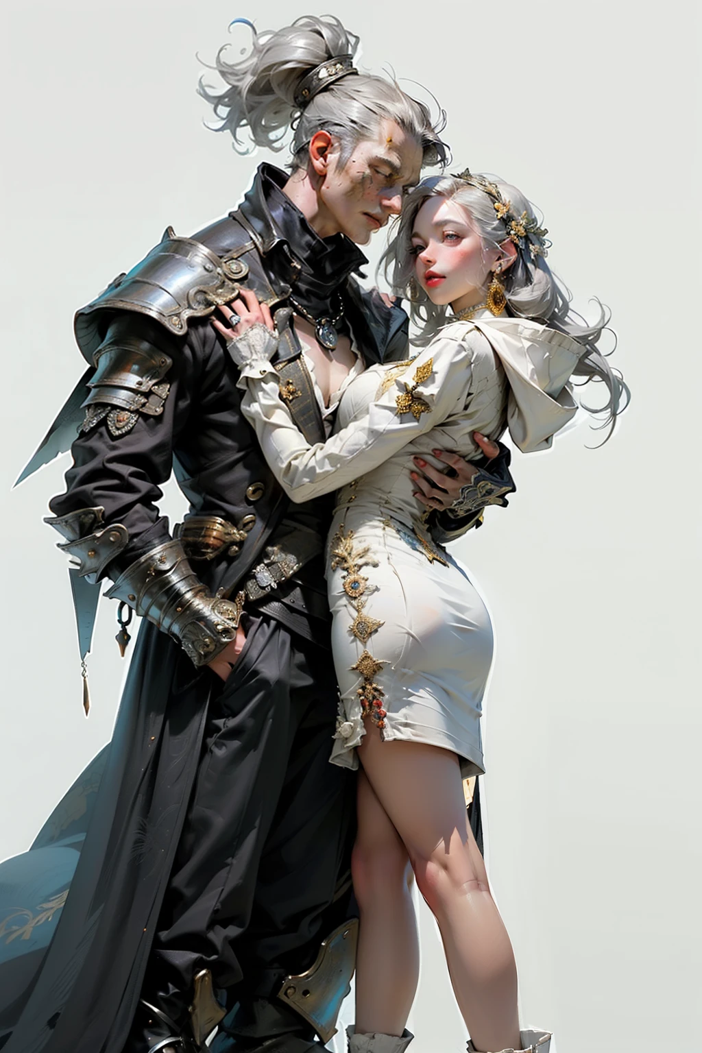 ((best quality)), ((masterpiece)), (detailed), perfect face (((masutepiece, of the highest quality, super detailed))), hand drawn style, hand painted style, watercolour, sketch, a knight, white background, plain background, Bloodborne inspired, tatty Bloodborne attire, occult aesthetic, occult, tatty red and white clothing detailed and intricate steampunk and detailed gothic ta (with a hood), long coat, Complex laced boots, Fluttering lace flared long knee length dress with frilly petticoats, long dress, knee length dress, pleated petticoats, loliress, petticoats gothic lolita, tiful small breasts, (((( Highly detailed face))), small thin nose, Small thin lips mouth, (((Very sharp focused eyes))), Very large slit precision pale grey eyes that shine like jewels. very long eyelashes, Silver hair swaying in the wind, Emitting a dazzling light in a mandala pattern, white background, Very dramatic and cinematic lighting, tatty damaged old red and white clothing, full body, whole body, body, cosmic horror, grim dark