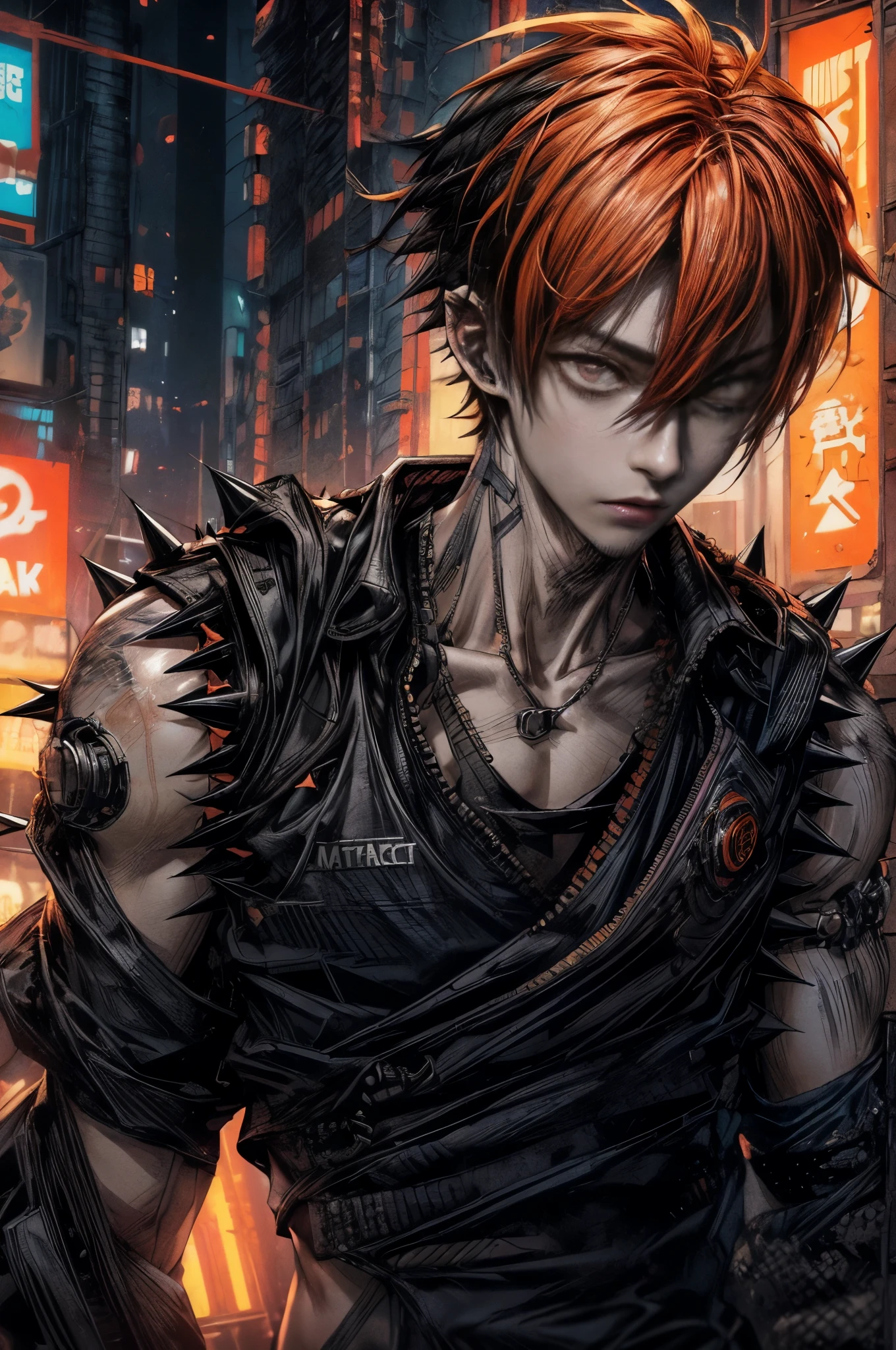 Cinema Lighting、highest quality,Cyberpunk World、1 male、(20 year old Ara々A young man of martial arts descent、Manly facial details 、Short spiky hair、Very short hair、Dark Eyes:1.4)(Tough system)break,Medium Hair、(Angry:1.2)(Orange Hair Color:1.5)
break
(Flashy cyberpunk style black workwear:1.5), (Tank top inside:1.3)、break.(Only bright orange hair)(Black industrial workwear)
(Resort Cafe、Daytime:1.2)break(Portrait Angle)