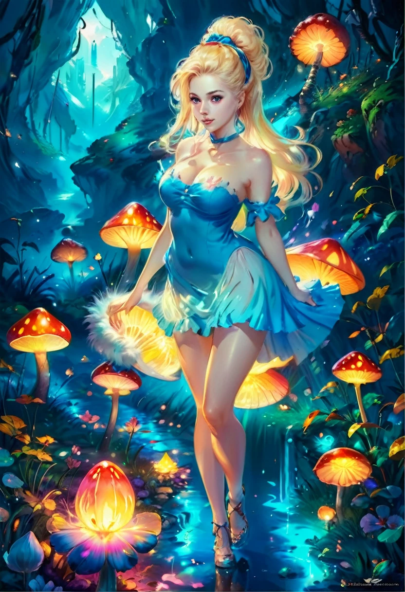 a beautiful 20 year old blonde woman with big messy hair in a blue dress, white stockings, black headband, cleavage, full body, holding a glowing mushroom in her hands, fantasy art style, rossdraws cartoon vibrant, alice in wonderland cyberpunk, cute detailed digital art, colorfull digital fantasy art, digital fantasy art ), glossy digital painting, rossdraws pastel vibrant, rossdraws 2. 5, rossdraws 1. 0